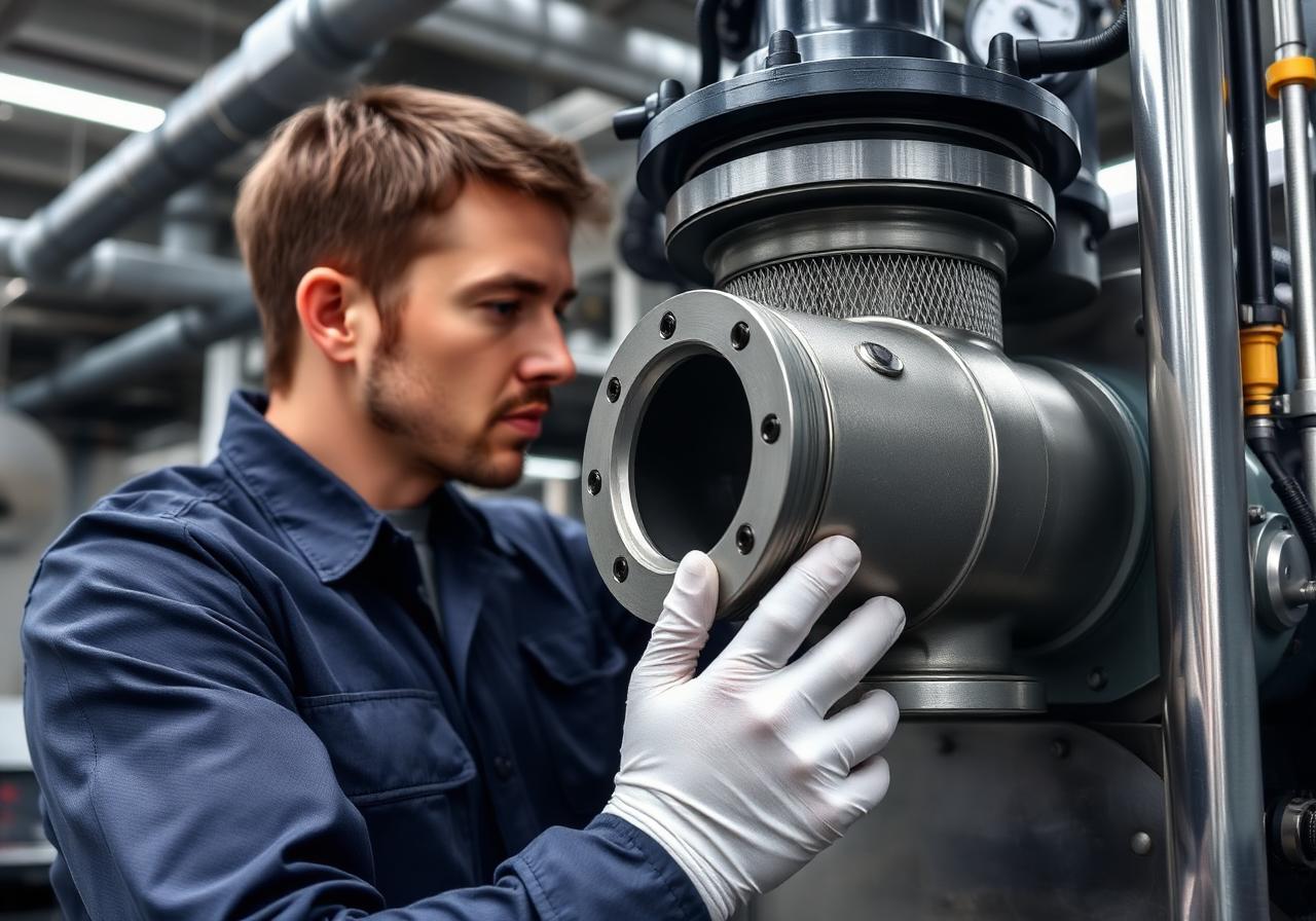 Técnico inspecionando filtro industrial